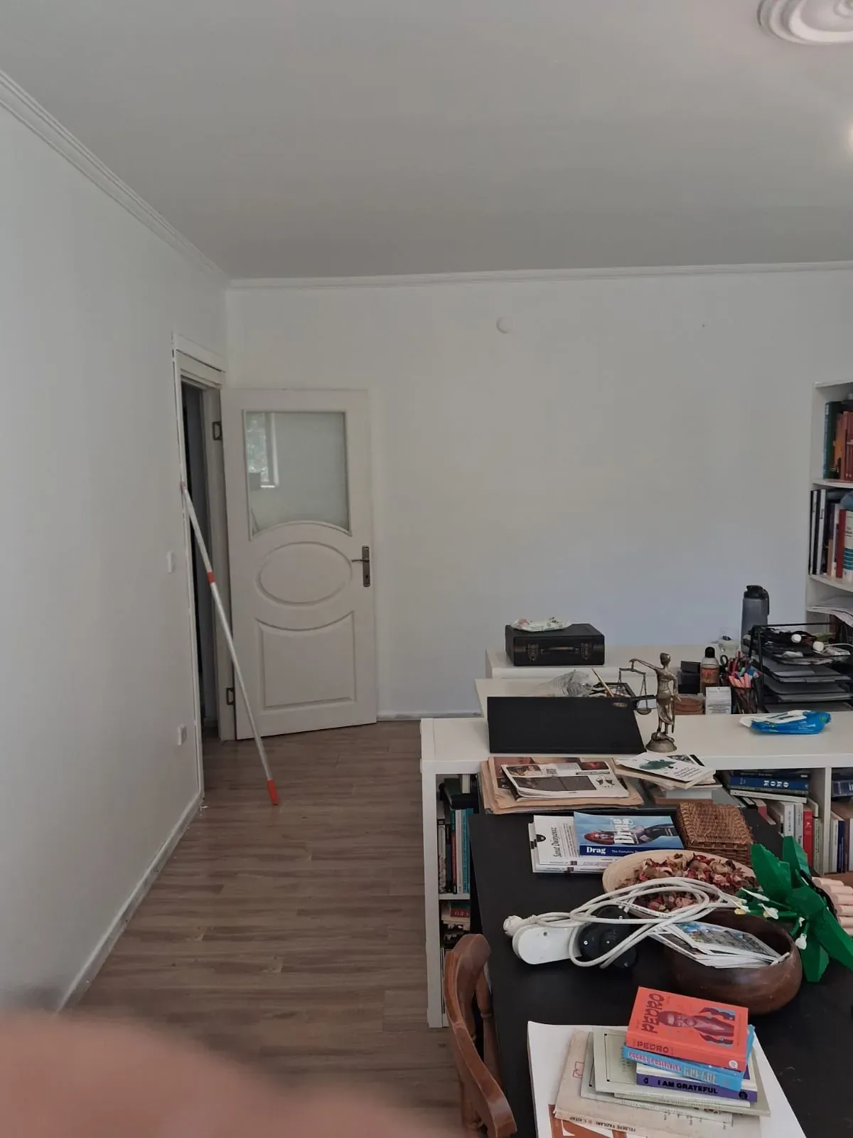 Eşyalı dairede tamamlanmış salon ve koridor boyası, beyaz duvarlar ve temiz süpürgelikler